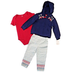 NWT Carter's Baby Girls 18M 3-piece Layette Hoody Blue, Pants Green Paisley
